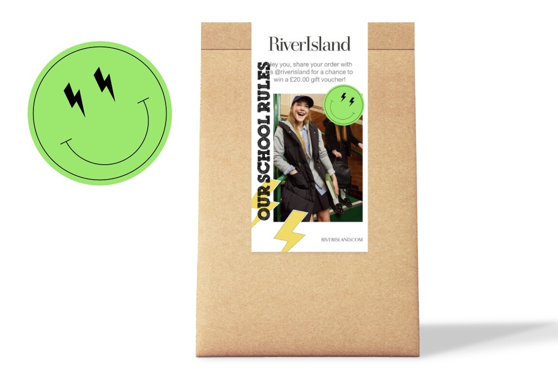 Sustainable River Island packaging with stickers