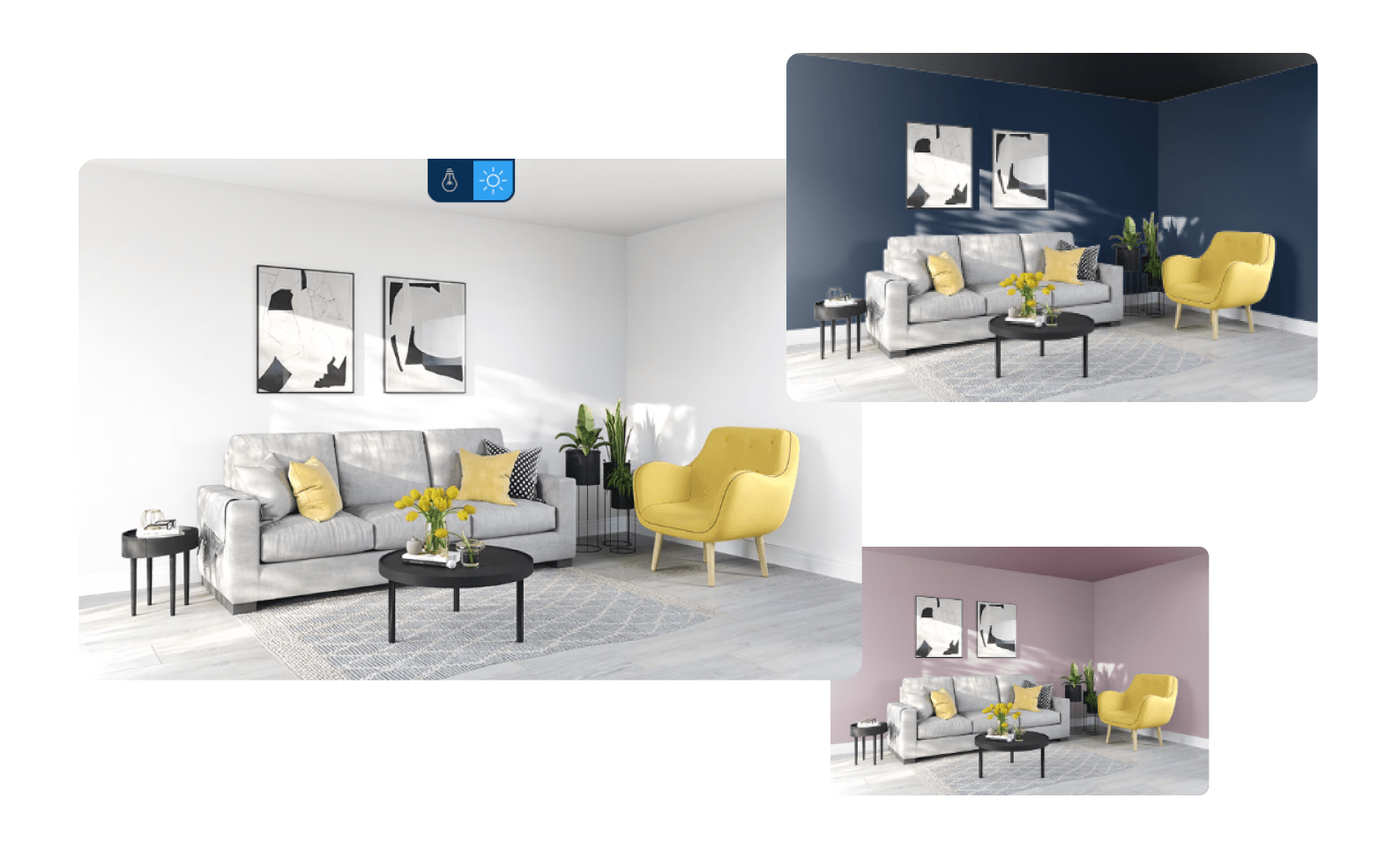 Mockups of a living room painted different colours in the Wickes paint visualiser