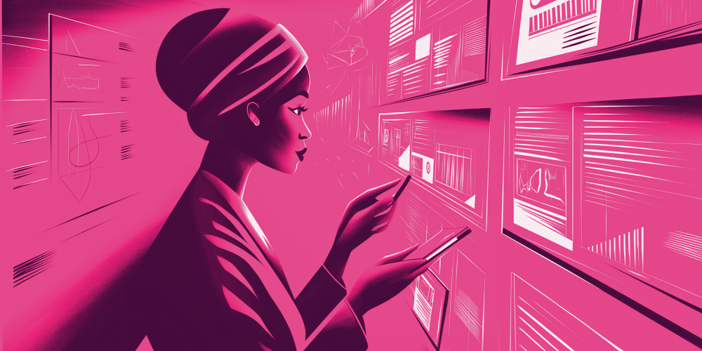 Woman looking at a modern AI powered knowledge hub